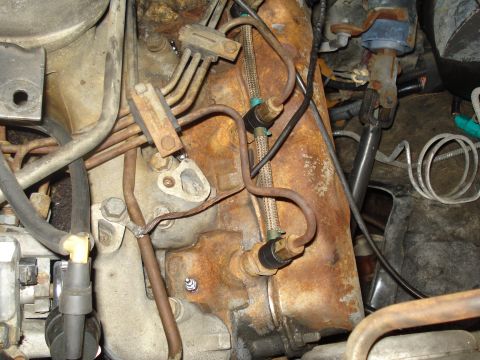 1989 Ford F-250 - Detail shot of engine components, including fuel lines and various hoses, with visible rust.