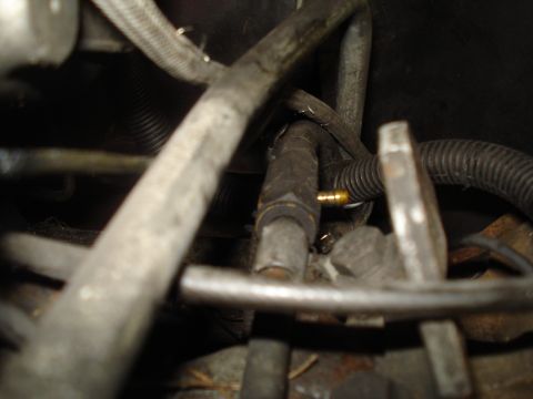 1989 Ford F-250 - Close-up view of hoses and fittings within a vehicle's engine compartment.