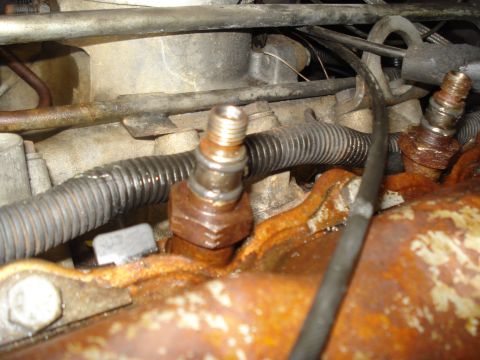 1989 Ford F-250 - Close-up view of a rusty engine fuel injector and associated plumbing, showing wear and tear.