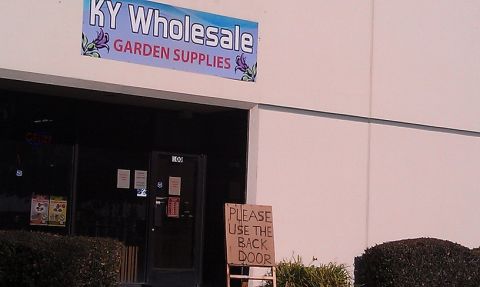 1989 Ford Bronco - A storefront displays a sign for KY Wholesale Garden Supplies, with a separate sign indicating to use the back door.