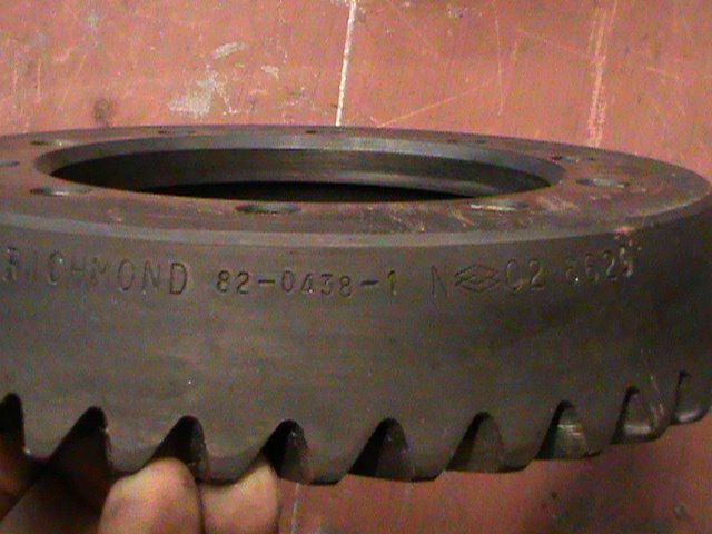 Ring gear with stamped text "RICHMOND 82-0438-1 N C2 3625" and visible teeth