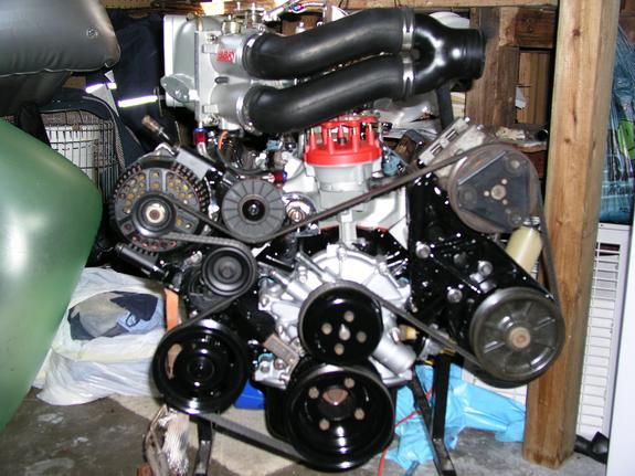 Engine with black hoses and red distributor cap