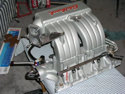 1996 Ford Bronco - Close-up of an Edelbrock intake manifold, likely for a performance engine build.