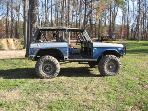 1994 Ford Bronco - A modified blue SUV with a roll cage sits in a grassy area with trees in the background.