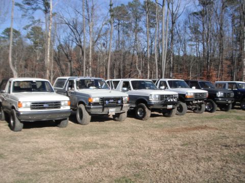 1989 Ford Bronco - A line of white Ford Broncos are parked on a grassy field with trees in the background.