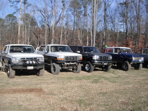 1989 Ford Bronco - Several modified Ford trucks and SUVs are lined up in an outdoor setting.