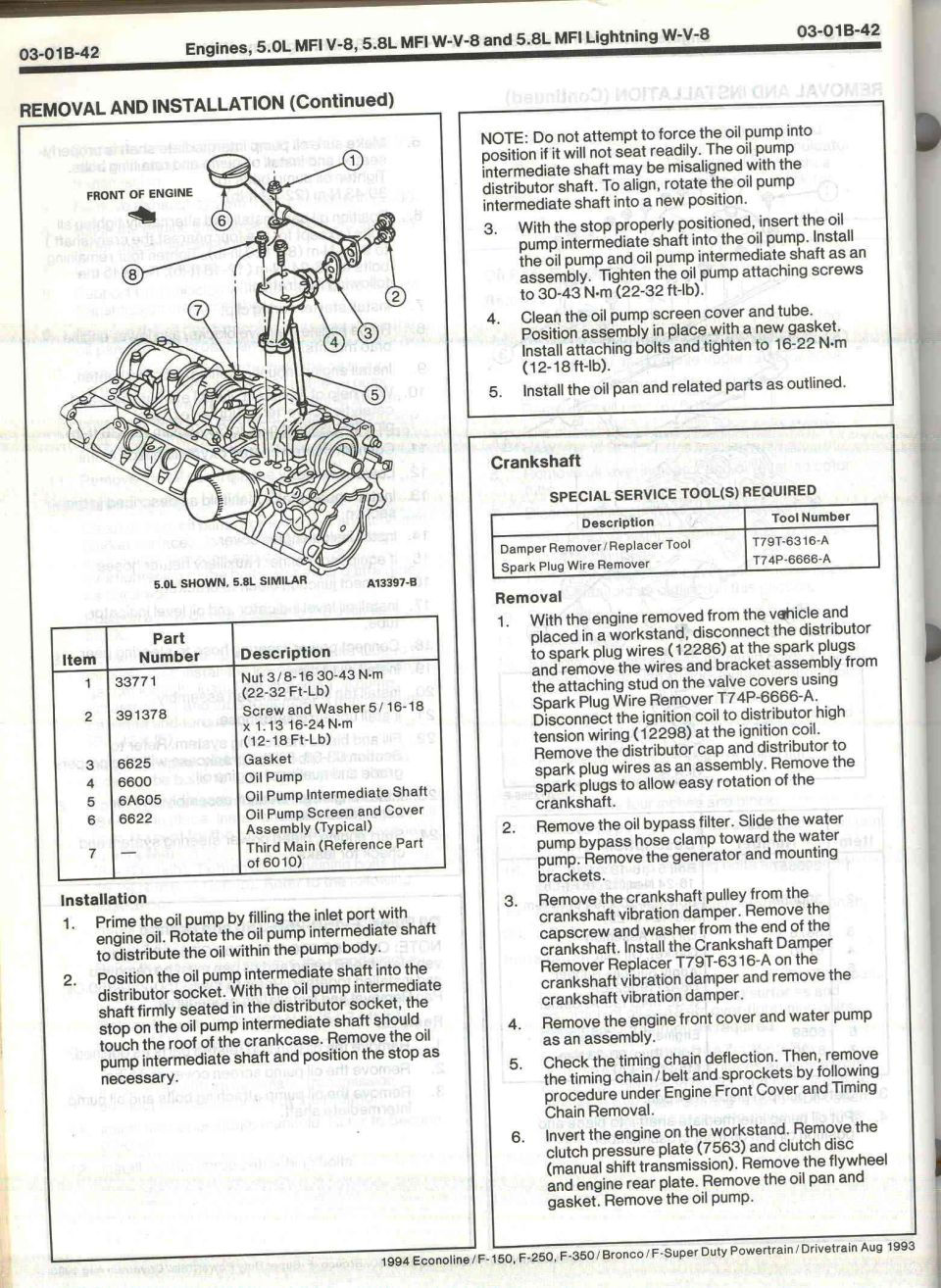 Ford 5.0L/5.8L oil pump and crankshaft removal/installation procedure with torque specs