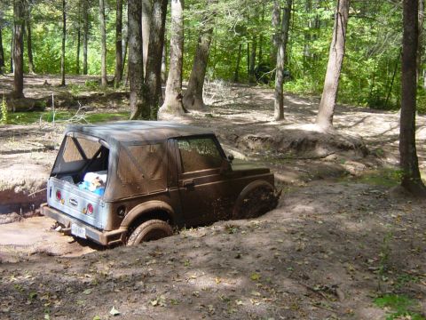 1979 Ford Bronco - Off-road vehicle stuck in mud during an outing in the woods.