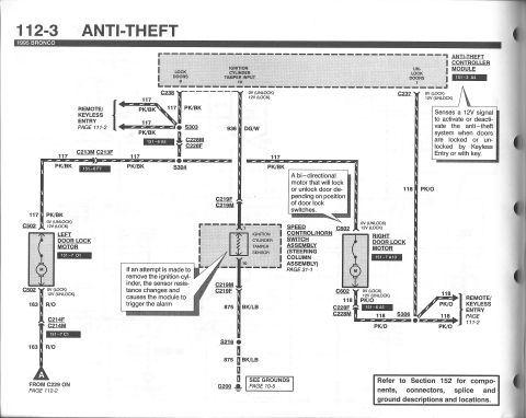 1990 Ford Bronco - Wiring diagram for the 1995 Bronco anti-theft system showing door lock motors and ignition cylinder tamper sensor circuits.