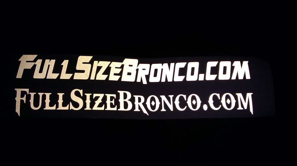 Two decals reading "FULLSIZEBRONCO.COM" on a black background