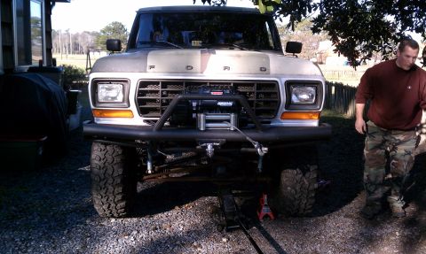 1979 Ford Bronco - Front view of a 1979 Ford Bronco modified with a winch and heavy-duty bumper.