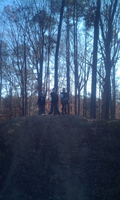 1979 Ford Bronco - A group of people are gathered on a dirt hill surrounded by trees under a clear sky.