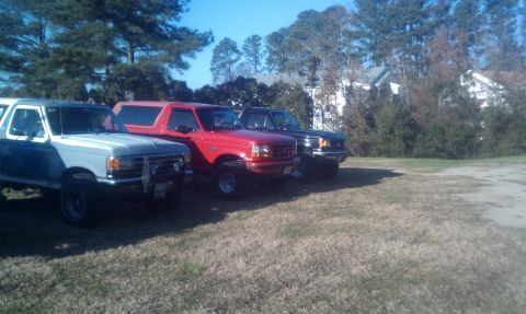 1979 Ford Bronco - Three Ford Broncos are lined up in a grassy area with trees and houses in the background.