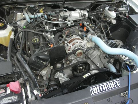 2004 Ford Crown Victoria - Close-up of an engine bay a supercharger system and various engine components.