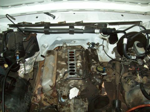 1993 Ford F-150 - The engine bay of a 1993 Ford F-150, with the intake manifold removed, revealing the engine block and associated components.