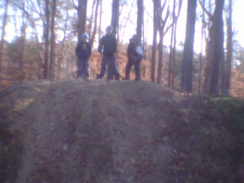 1979 Ford Bronco - Three people stand on a dirt mound in a wooded area during the day.