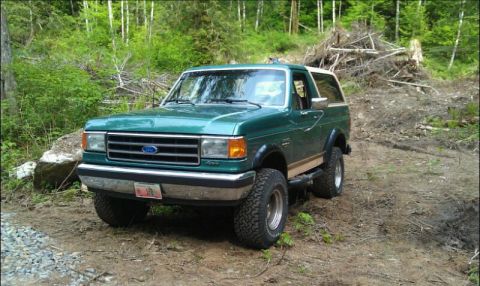 1990 Ford Bronco - A green Ford Bronco is parked on a dirt path surrounded by trees and debris.