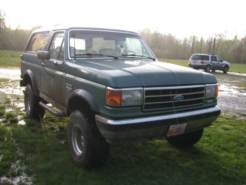 1990 Ford Bronco - A green 1990 Ford Bronco is parked in a grassy field with another vehicle in the background.