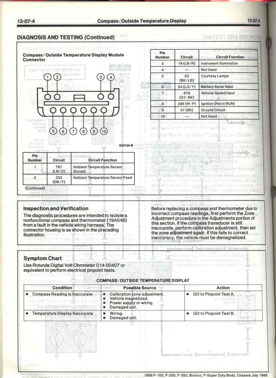 Ford compass/outside temperature display module connector pinout and diagnosis chart