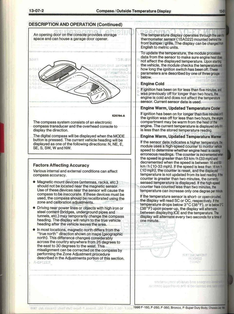 Overhead console compass and outside temperature display description page with console line drawing