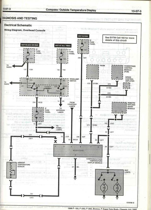 1996 Ford Bronco - Electrical schematic for the compass and outside temperature display system, detailing fuse panel connections and module wiring.