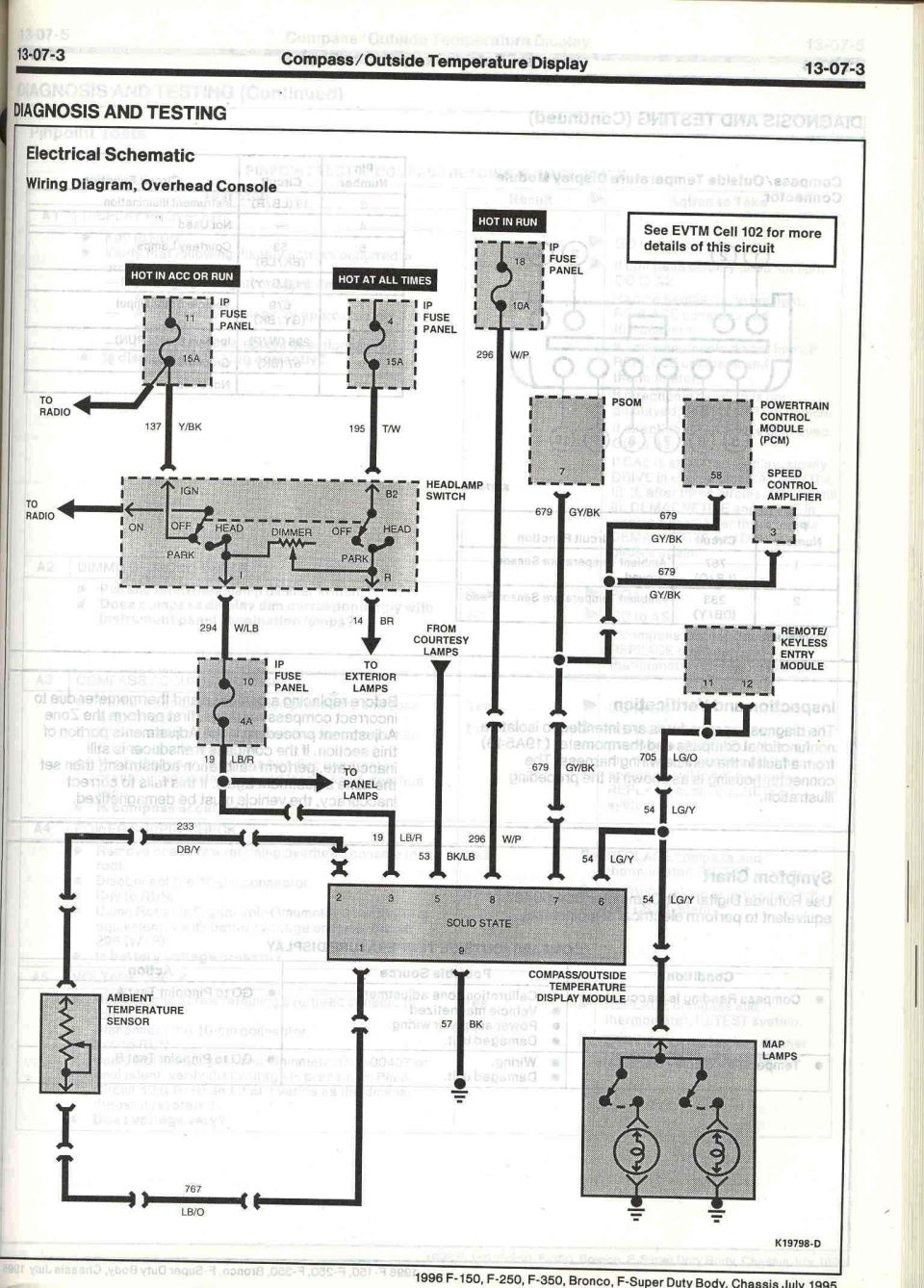 1996 Ford F-150 F-250 F-350 Bronco compass/outside temperature display overhead console wiring diagram, page 13-07-3