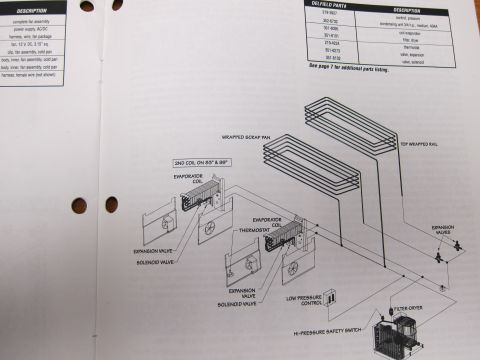 1991 Ford LTD Crown Victoria - Exploded parts diagram of a refrigeration assembly showing evaporator coils, expansion and solenoid valves, controls and filter-dryer, with…