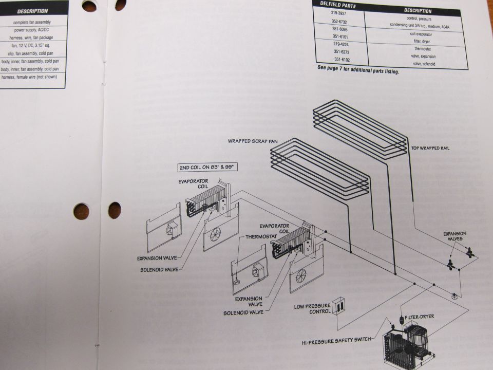 Exploded parts diagram of a refrigeration unit with evaporator coils, expansion and solenoid valves and filter-dryer