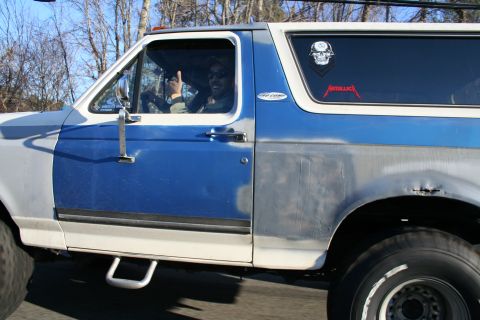 1982 Ford Bronco - This Ford Bronco has a two-tone paint job and some custom stickers on the rear window.
