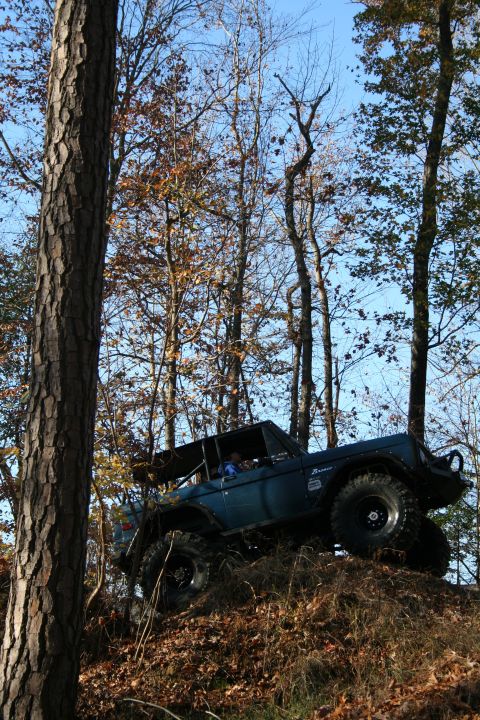 1982 Ford Bronco - A dark blue Ford Bronco navigates an off-road trail, its large tires gripping the incline.