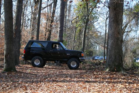 1982 Ford Bronco - Black Ford Bronco parked on a leaf-covered forest floor with trees surrounding it.