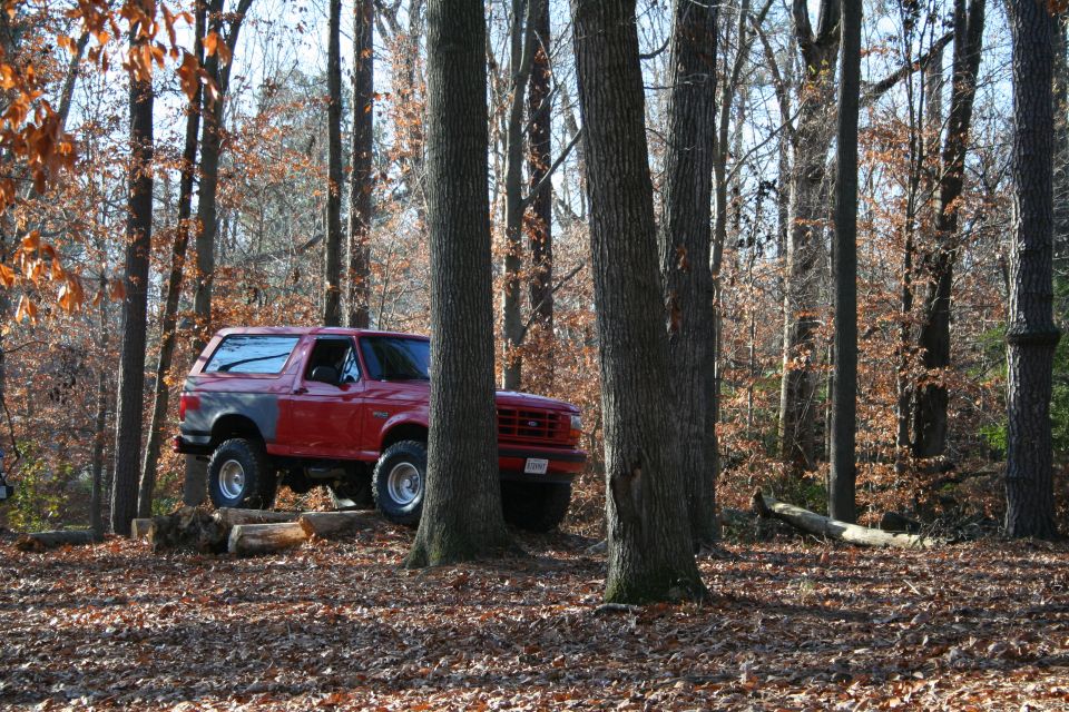 Red SUV with off-road tires on logs in a wooded area