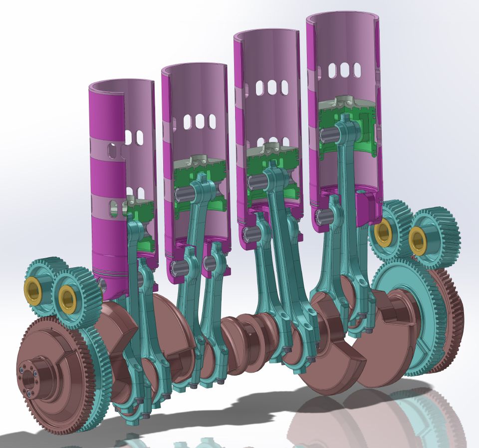 3D CAD render of crankshaft, connecting rods, cylinder liners and timing gears assembly