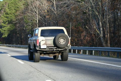 1982 Ford Bronco - This 1982 Ford Bronco is seen from the rear, a spare tire mounted on the tailgate.