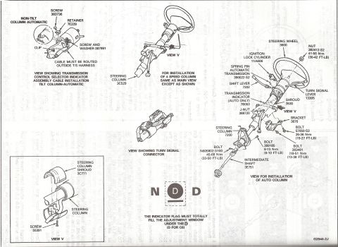 1990 Ford Bronco - Ford steering column exploded illustration: tilt and non-tilt automatic columns, shift indicator cable routing, ignition lock cylinder and…