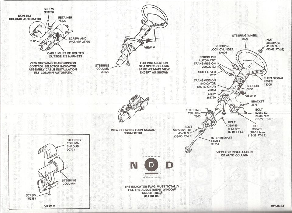 Ford steering column exploded view, tilt/non-tilt automatic, with torque specs