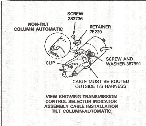 1990 Ford Bronco - Ford detail illustration of transmission control selector indicator cable installation on a non-tilt automatic column: screw 383736, retain…