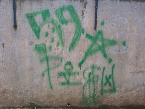 1996 Ford Bronco - Green graffiti covers a concrete wall, with a dark pipe visible on the left side.