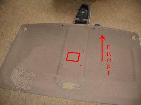1993 Ford Bronco - Stock, non OHC Bronco headliner. Mine has a square hole and 4 screw holes where indicated in red.