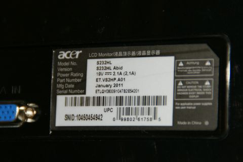 1993 Ford Taurus - Acer S232HL Abid LCD Monitor label with manufacturing date January 2011 and serial number.