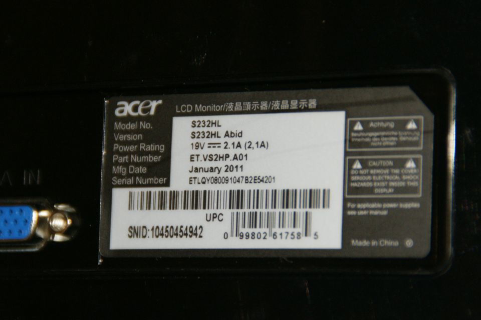 Label on Acer S232HL Abid LCD Monitor shows model number, power rating, part number ET.VS2HP.A01, and manufacturing date January 2011