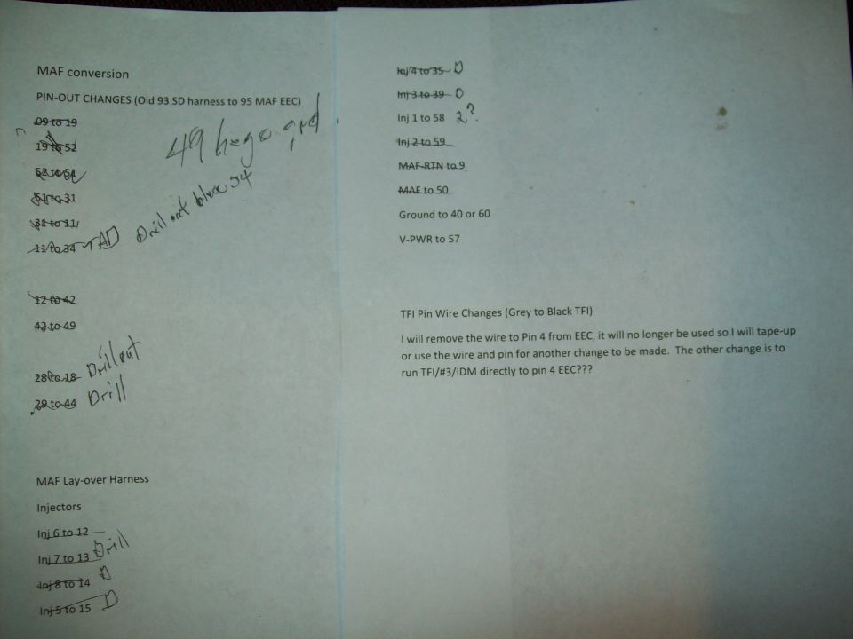Handwritten MAF conversion notes for old '93 SD harness to '95 MAF EEC pin-out changes