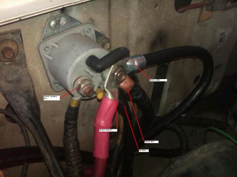 1988 Ford Bronco - This photo shows a starter solenoid with associated wiring and a battery cable connected.