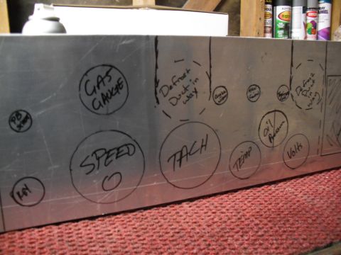 1968 Ford Bronco - This aluminum panel is marked with hand-drawn labels indicating locations for various gauges and controls.
