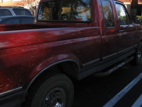 1995 Ford F-150 - This red 1995 Ford F-150 pickup truck is seen from a 3q-front angle, appearing to have been used off-road.