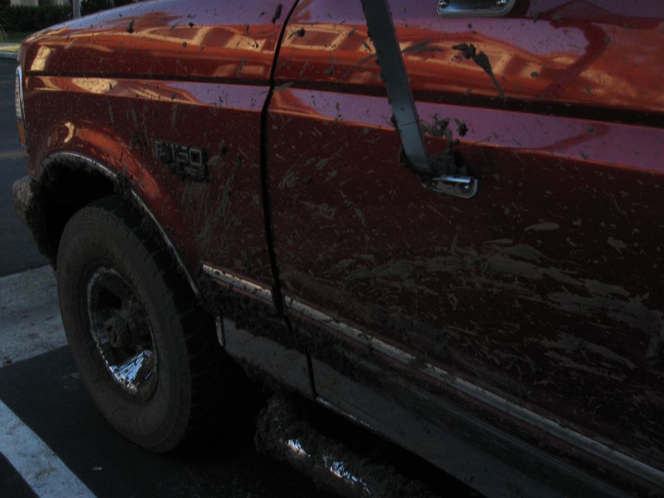 Mud-splattered red 1995 Ford F-150 side view, showing front fender, door, and tire
