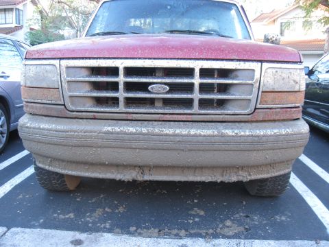 1995 Ford F-150 - This Ford F-150 has a muddy front end and grille, suggesting recent off-road use.