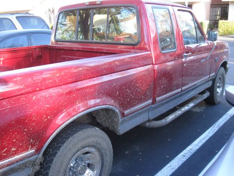 1995 Ford F-150 - This red Ford F-150 pickup truck shows signs of off-roading with mud splattered on its body and fenders.