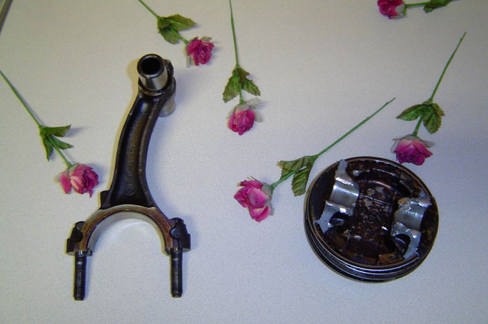 Forked linkage arm and worn universal joint on a light surface with roses