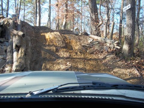 1979 Ford Bronco - The hood of a 1979 Ford Bronco is visible as it navigates a challenging dirt trail through a wooded area.
